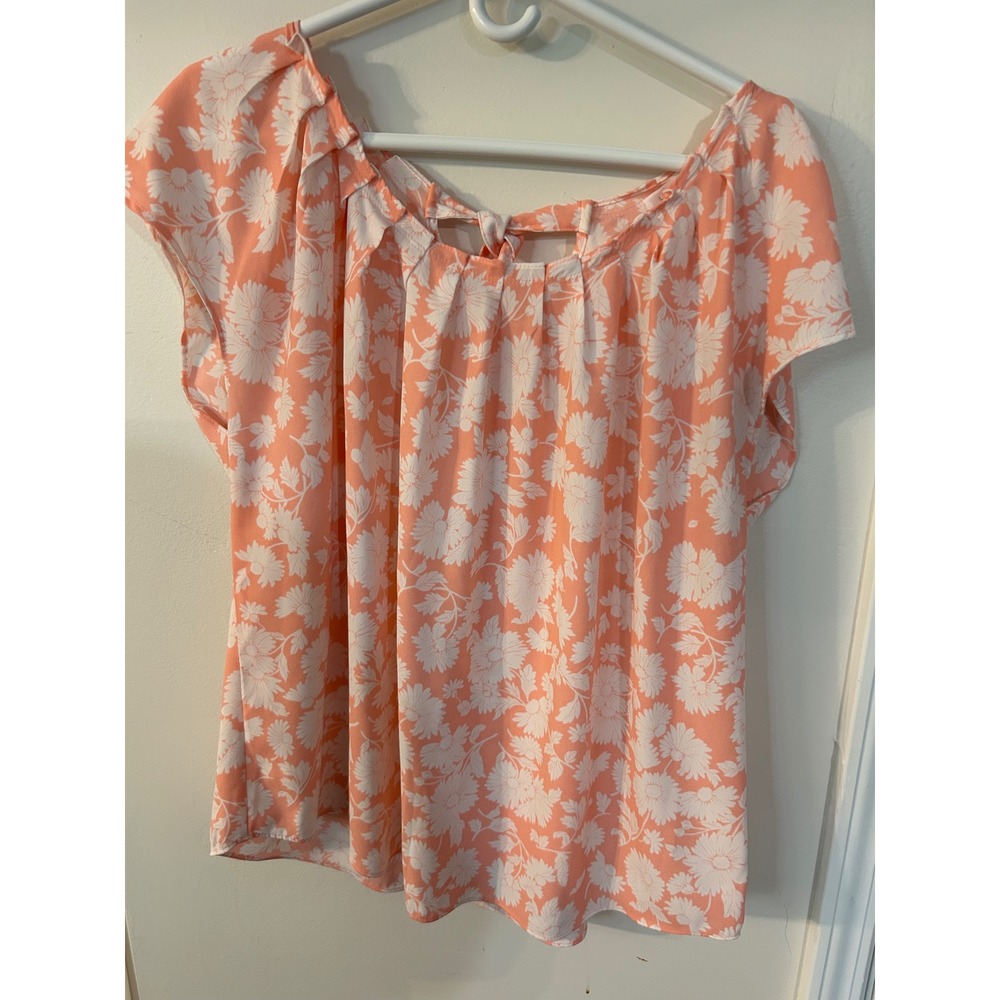 LC Lauren Conrad Peach Floral Pleated Neck Tie Back Blouse Womens XL SS
